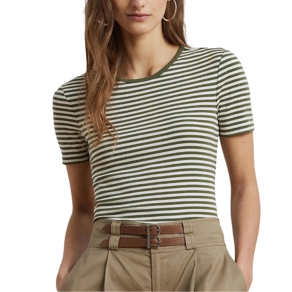 Lauren Ralph Lauren Button Stripe Tee Green Medium NWT